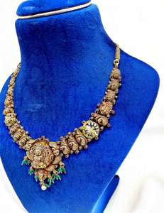 Collar de Lakshmi con cuentas verdes, joyería antigua de templo, estilo nupcial del sur de la India, disponible en ORO/PLATA/BRONCE - Product Image 4