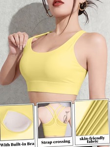Women Scoop <b>Neck</b> Sports Bra Cross Back Mesh Panel Breathable Yoga Crop Top Removable <b>Padded</b> Running Activewear Bralette - Product Image 6