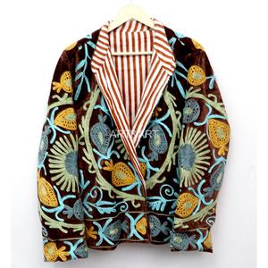 <b>Women's</b> <b>Velvet</b> Cotton Embroidered Jacket Handcrafted Floral Stripe Pattern Bohemian Style Full Sleeve O-Neck Collar Autumn Wear - Product Image 1