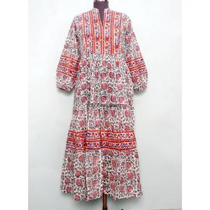 Vestido Maxi Casual Elegante de Invierno para Mujer, Cuello en V, Manga Abullonada, Estampado Floral, Hecho a Mano en Algodón - Product Image 1