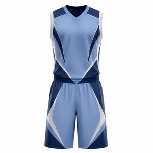 Conjunto de Uniforme de Baloncesto Personalizado para Hombre, Cuello en V, Sin Mangas, Sublimado, Malla Transpirable, Diseño Geométrico Azul, Corte Atlético - Product Image 1