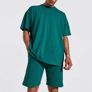 Ensemble T-shirt et short d'été pour homme, 100% coton écologique, tricoté, imprimé numériquement, brodé, col rond, uni, léger, 250g - Product Image 4