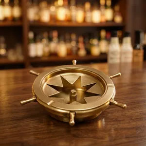 Brass Ship Wheel Cigar <b>Ashtray</b> Star Cutting Design Nautical Decorative Metal <b>Ashtray</b> Vintage Maritime Tabletop Cigar Accessory - Product Image 6