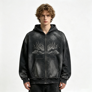 <b>Black</b> Heavyweight Zip Hoodie Vintage Wash Distressed Flame Print Acid Wash Streetwear Dirty Spray Effect Cotton <b>Fleece</b> - Product Image 5