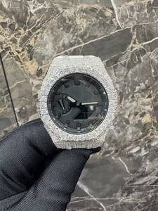 Iced Out Moissanite <b>Watch</b> Batteries Quartz Analog Round Case Rubber Strap Unisex Hip Hop Luxury Silver 40mm Lightweight Day/Date - Product Image 1