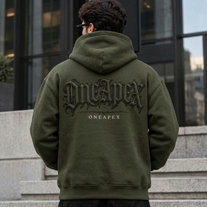 Sweat-shirt à capuche surdimensionné vert olive pour homme, streetwear de luxe, avec logo embossé sur le devant, vente en gros de vêtements - Product Image 3
