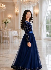 Blue Velvet Embroidered Tulle <b>Princess</b> <b>Dress</b> Long Sleeve A-Line Maxi Gown for <b>Girls</b> Party Wedding - Product Image 2