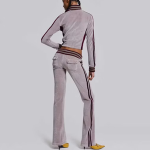 Custom Women's Crop <b>Tracksuit</b> Velvet <b>Velour</b> 2 Piece Zip Up Hoodie and Jogger Set Casual Sportswear Wholesale Manufacturer - Product Image 3