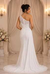 Vestido de Novia sin Mangas con Cuentas Hechas a Mano, sin Tirantes, con Bordado de Cristales, Falda de Satén Drapeada, Cintura Natural, Largo hasta el Suelo con Cola Barrida - Product Image 2