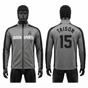 Sweat-shirt d'entraînement de rugby unisexe en polaire polyester premium 330g gris chiné avec empiècements noirs sur les manches, fermeture éclair intégrale, capuche, logo personnalisé pour équipe - Product Image 1