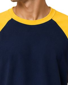 เสื้อยืดแขนสั้นคอกลมสีกรมท่าและเหลืองสำหรับผู้ชาย ผ้าฝ้าย สไตล์ลำลอง สตรีทแวร์ ตัดต่อสี  รับผลิตตามแบบ - Product Image 5