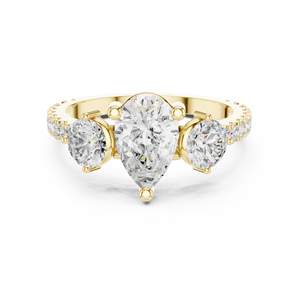 Bague de fiançailles en or jaune avec trois diamants taille poire pour femme, bague pavée pour mariage, promesse ou anniversaire - Product Image 5