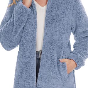 Veste en polaire Sherpa bleu ciel pour femme, chaude et moelleuse, pour l'extérieur, bleu clair, décontractée, zippée, sweat-shirt d'hiver - Product Image 4
