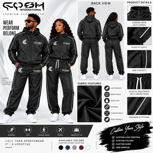 Unisex Black Hooded Tracksuit Set With <strong>White</strong> Stripe Casual Lightweight Polyester <strong>Joggers</strong> And Jacket For Adults Autumn Wear - Product Image 6