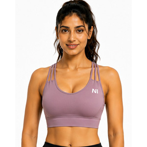 Women Seamless Sports Bra Crisscross Straps Scoop Neck Medium Support Breathable Fitness Workout Top Solid Color Front Logo - Product Image 4