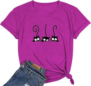 เสื้อยืดแขนสั้นพิมพ์ลายแมวสีม่วงผู้หญิงลำลองการ์ตูน O-Neck Regular Fit เสื้อยืดผ้าฝ้ายเจอร์ซีย์ - Product Image 1