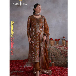 Ssumaira présente : Robe Salwar Kameez formelle 3 pièces en mousseline brodée Asim Jofa, couleur moutarde, infroissable, pour les fêtes de l'Aïd et du Diwali - Product Image 1