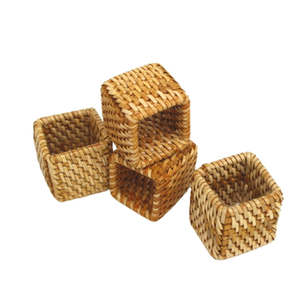 Square hand-woven natural <b>rattan</b> <b>cube</b> napkin rings for modern dining, available at wholesale prices. - Product Image 1