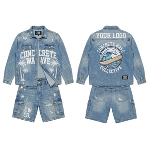 ชุดเซ็ตเสื้อเชิ้ตปักลายโลโก้แบบแอพพลิเค่ กางเกงขาสั้นยีนส์ฟอกสีสไตล์สตรีทแวร์ พร้อมแพทช์ตกแต่ง - Product Image 1