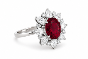 Bague Halo Florale Classique de Luxe avec Pierre Précieuse Ovale Rouge et Accents de Grenat Taillé Poire pour Femme, Or 10K 14K 18K, Argent 925 935, Rhodium - Product Image 3