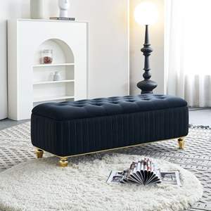 47.24 ''w nero di velluto di stoccaggio Ottoman cerniera di sicurezza oro striscia di decorazione oro ricamo panca poggiapiedi per soggiorno camera da letto - Product Image 2