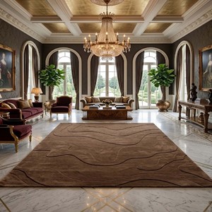 Alfombra Marrón Minimalista, Alfombra Moderna de Lana Hecha a Mano, Alfombra con Patrón de Ondas Abstractas, Decoración Contemporánea para el Hogar, Revestimiento para Piso - Product Image 3
