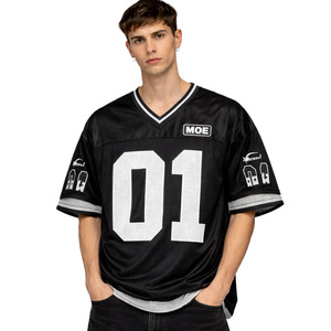 เสื้อฟุตบอลอเมริกันสีดำแบบตาข่าย คอวี โพลีเอสเตอร์ พิมพ์หมายเลขตามสั่ง สไตล์ทีม ทรงโอเวอร์ไซส์ บริการผลิตจำนวนมาก - Product Image 5