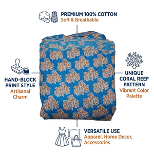 Tissu en coton imprimé à la main multi-couleurs à motifs floraux, tissu respirant imprimé à la main de Jaipur pour robe d'été, vêtements pour femmes - Product Image 6