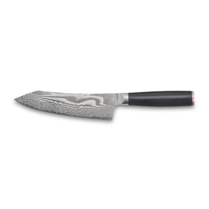Cuchillos de cocina Santoku negros con mango redondo, hoja con patrón de remolino plateado y tapa plateada para cortar y picar verduras - Product Image 1