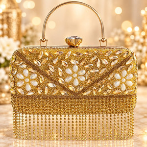 Sac à main imperméable en forme de selle avec pompon et diamants, pochette de soirée pour femme avec chaîne, perles dorées et fleurs perlées pour mariage et fête - Product Image 6