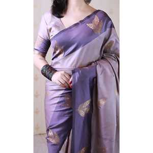 Sari de Seda Suave Color Lavanda con Diseño Floral y Bordado Zari, Vestidos Elegantes para Club - Product Image 5