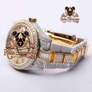Brilliant Moissanite Analog <b>Wristwatch</b> with Sculpted Metallic Body, Detailed Face Markings, Integrated Link Construction - Product Image 2
