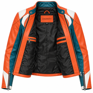 Chaqueta de Motociclista de Cuero Genuino para Mujer, Color Naranja, Verde Azulado y Blanco, Marca Darkry, para Carreras, Motocross y Deportes - Product Image 5