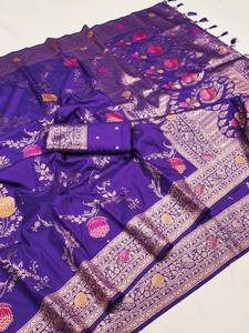 Sari en soie Banarasi riche avec bordure Meenakari, réversible, protection solaire, pour mariage - Product Image 2