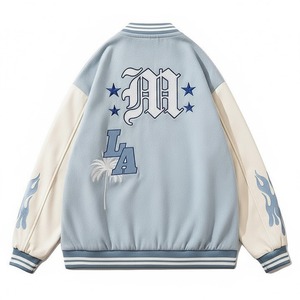 Chaqueta Varsity Azul Bebé Personalizada SHY SPORTS OEM con Mangas Crema, Letra M de Palmera de Los Ángeles, Parche de Estrella y Estampado de Llama, Chaqueta Bomber Letterman - Product Image 2