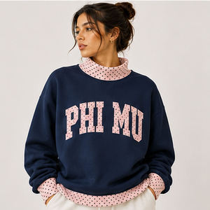 Phi Mu Heavyweight <b>Mock</b> <b>Neck</b> Crew <b>Neck</b> Sweatshirt Women Men Ladies Unisex University College Chenille Letter Tackle Twill Embroi - Product Image 4