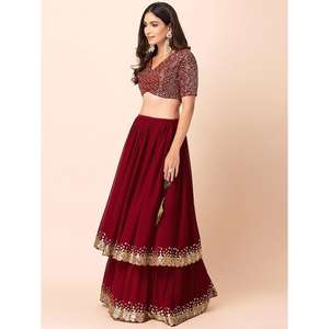 มารูนจีออร์แก็ตต์ประดับเลื่อมสีแดงเข้มที่น่ารักมีดีไซน์ lehenga choli กับ dupatta - Product Image 4