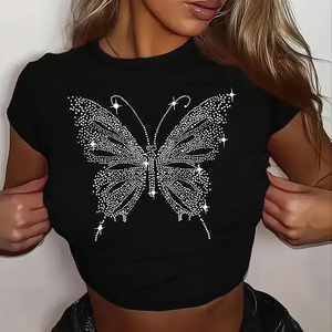 Butterfly Design <b>Rhinestone</b> Customization Comfortable Trendy Product Soft Touch Material Hand Made Crop <b>Top</b> Shirts For Women - Product Image 1