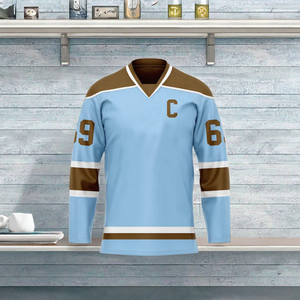 Camiseta de Hockey sobre Hielo Personalizada para Hombre, Azul Claro y Marrón, Cuello en V, Manga Larga, Impresión Sublimada, Tejido de Poliéster que Absorbe la Humedad - Product Image 2