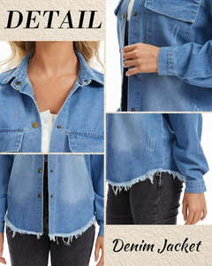 แจ็คเก็ตยีนส์ผู้หญิง แขนยาว คลาสสิก แต่งขาดสไตล์ Trucker ราคาสมเหตุสมผล - Product Image 4