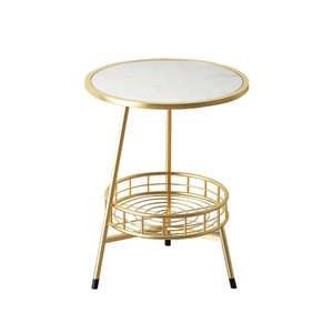Mesa Auxiliar con Tapa de Mármol, Estructura de Metal Dorado, Cesta de Almacenamiento, Soporte para Café o Plantas, Mueble Moderno para Sala de Estar, Sofá, Hogar - Product Image 3