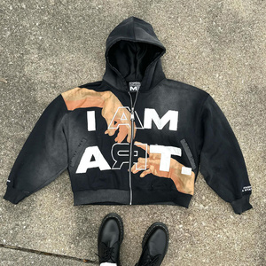 New Custom Embroidered Printed Boxy 440gsm Heavyweight <b>Cropped</b> Hoodie Distressed Acid Wash <b>Zip</b> <b>up</b> Satin Lined Hoodie for Men - Product Image 1