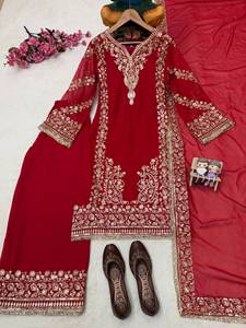 Conjunto de Salwar Kameez Étnico para Mujer, Rojo, Bordado, Manga Larga, Corte Regular, para Bodas y Fiestas - Product Image 2