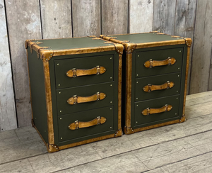 Vintage Green Leather Trunk Drawer Cabinet Antique <b>Storage</b> Chest Brass Studded Wooden <b>Sideboard</b> Home Furniture - Product Image 3