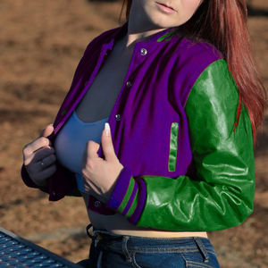 Veste courte universitaire pour femme, style Letterman, veste bomber, manches en similicuir, vêtements d'extérieur décontractés, mode féminine, violet et vert - Product Image 3