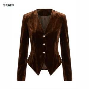 Blazer en velours pour femme, veste marron élégante, coupe ajustée, veste formelle minimaliste, blazer à boutons perlés, luxe - Product Image 3