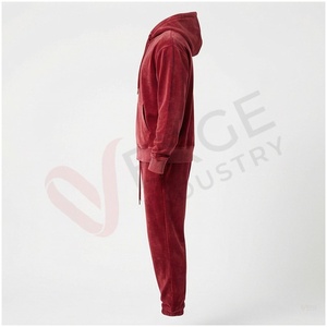 Unisex Red <b>Velour</b> <b>Tracksuit</b> Set Full Sleeve Hooded Zipper Front Solid Color Casual Winter Wear Regular Fit Adults - Product Image 3