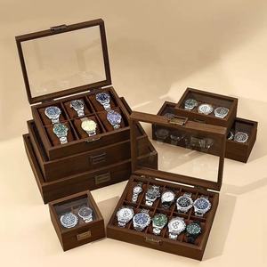 Boîte de rangement pour montres en bois avec couvercle en verre, anti-poussière, présentoir multi-emplacements pour accessoires de vitrine de vente au détail - Product Image 1