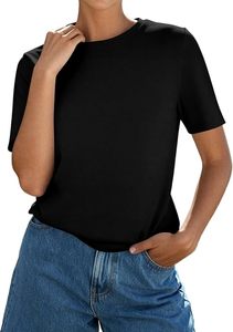 Haut court noir à col en V et manches courtes pour femme, coupe classique, en coton tricoté, couleur unie, respirant, écologique, séchage rapide - Product Image 5