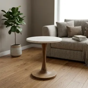 Modern Round Marble Top Coffee <b>Table</b> with Wooden Base Handmade Living Room Furniture - Product Image 5